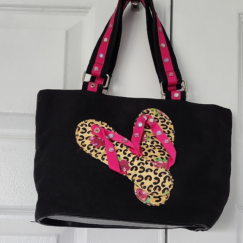 Chic Black and Pink Canvas Mini Bag with Flip-Flop Design